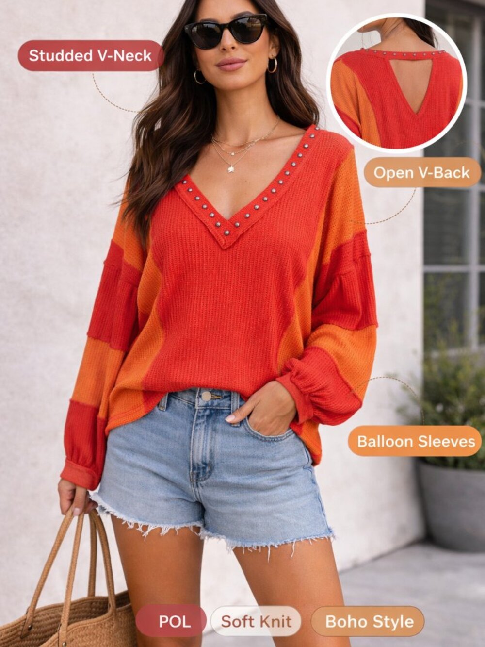 POL Studded V-Neck Sweater Large Orange Red  Balloon Sleeve Texture Knit Boho